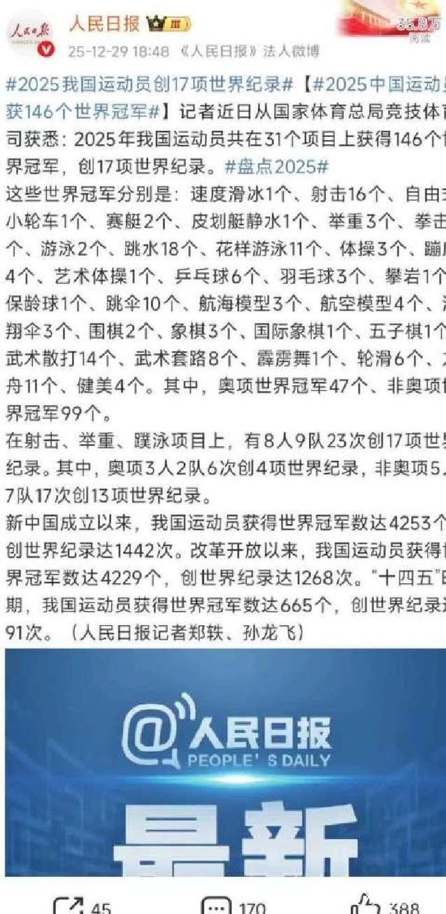 年终稿|2025年中国体育健儿获得146个世界冠军 年终稿|2025年中国体育健儿获得146个世界冠军